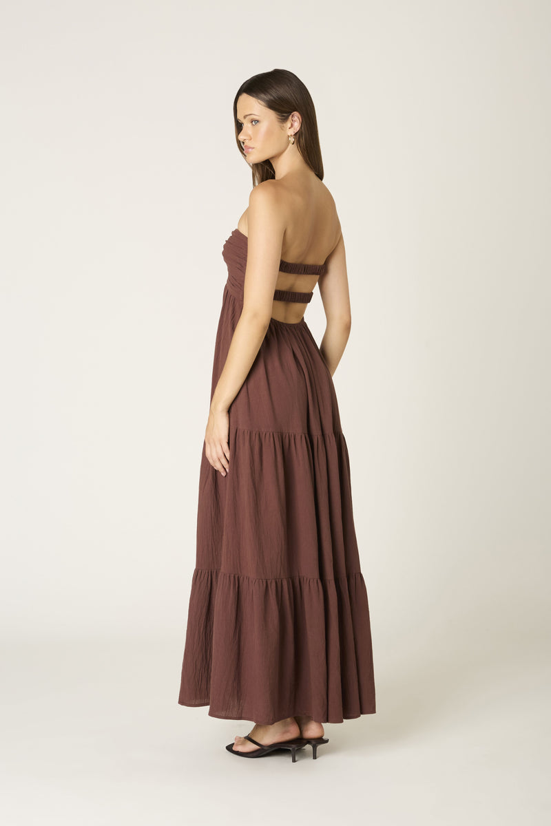Twist Front Strapless Maxi Dress In Chocolate