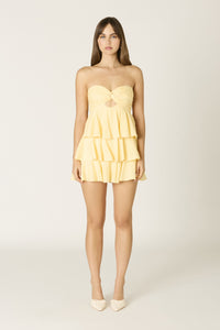 Twist Front Strapless Ruffle Dress in Yellow