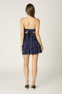 Twist Front Strapless Ruffle Dress in Navy