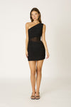 Ruched One Shoulder Mesh Cut Out Dress in Black