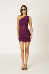 Ruched One Shoulder Mesh Cut Out Dress in Plum