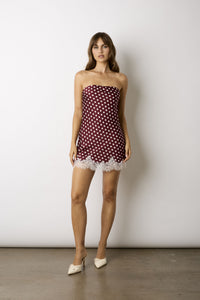 Margot Polka Dot Lace Trim Mini Dress in Wine