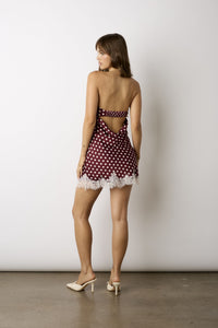 Margot Polka Dot Lace Trim Mini Dress in Wine