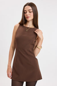 Vivid Boat Neck Mini Dress in Chocolate