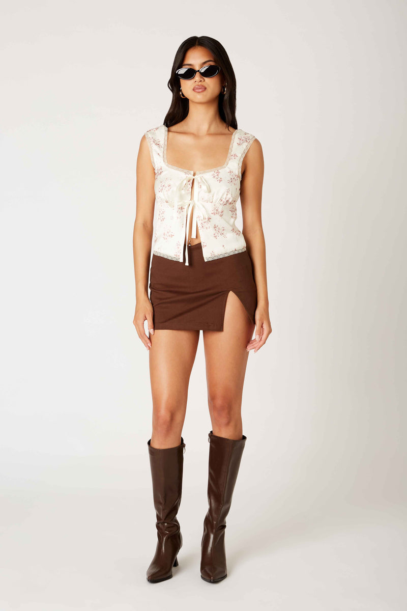 Mini Skirt with Slit in Chocolate