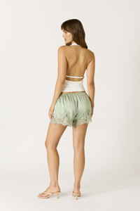 Après Satin Lace Trim Shorts in Sage
