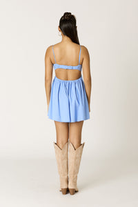 Stretch Poplin Open back Mini Dress in Blue