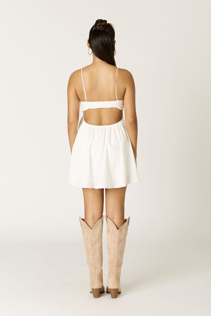 Stretch Poplin Open back Mini Dress in White
