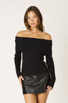 Off Shoulder Foldover Ribbed Sweater in Black