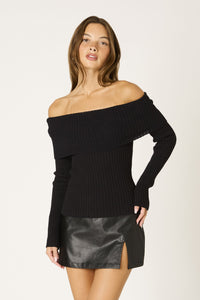 Off Shoulder Foldover Ribbed Sweater in Black