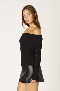 Off Shoulder Foldover Ribbed Sweater in Black