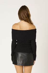 Off Shoulder Foldover Ribbed Sweater in Black