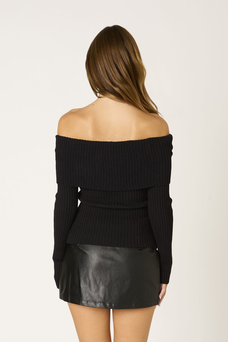 Off Shoulder Foldover Ribbed Sweater in Black