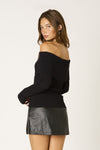 Off Shoulder Foldover Ribbed Sweater in Black