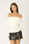 Off Shoulder Foldover Ribbed Sweater in Ivory