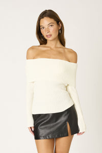 Off Shoulder Foldover Ribbed Sweater in Ivory