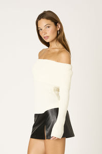 Off Shoulder Foldover Ribbed Sweater in Ivory