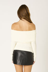 Off Shoulder Foldover Ribbed Sweater in Ivory