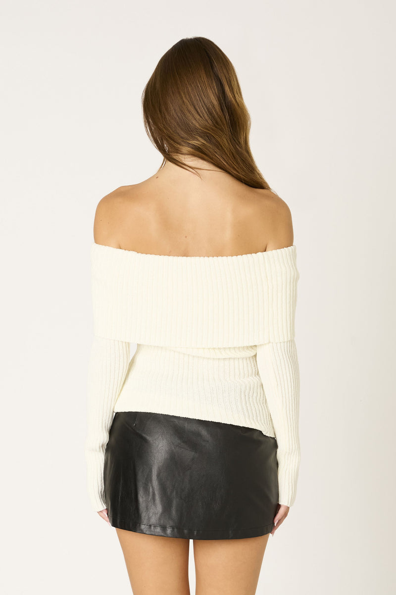 Off Shoulder Foldover Ribbed Sweater in Ivory