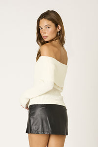 Off Shoulder Foldover Ribbed Sweater in Ivory