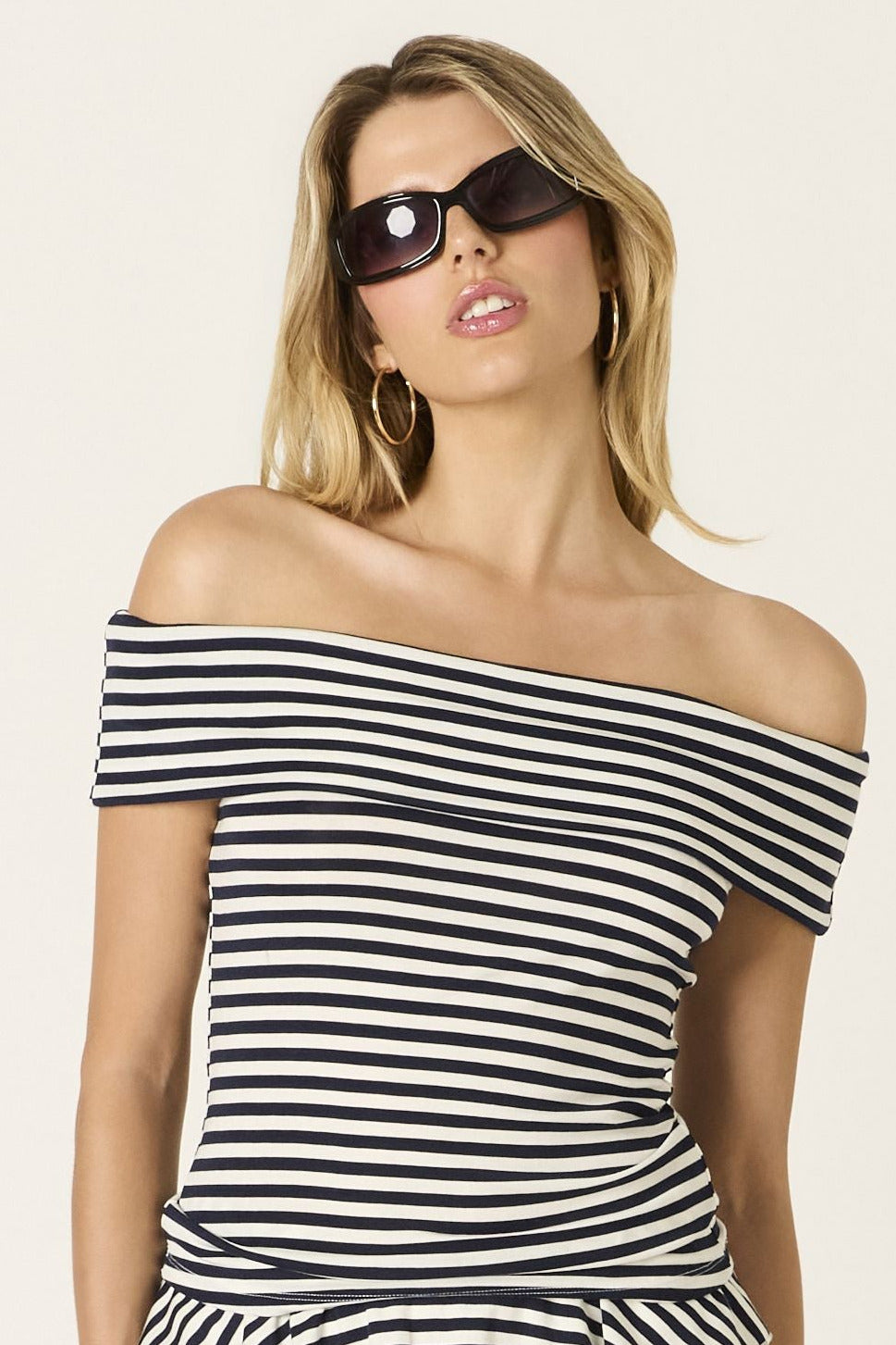 Off Shoulder Striped Top in Navy