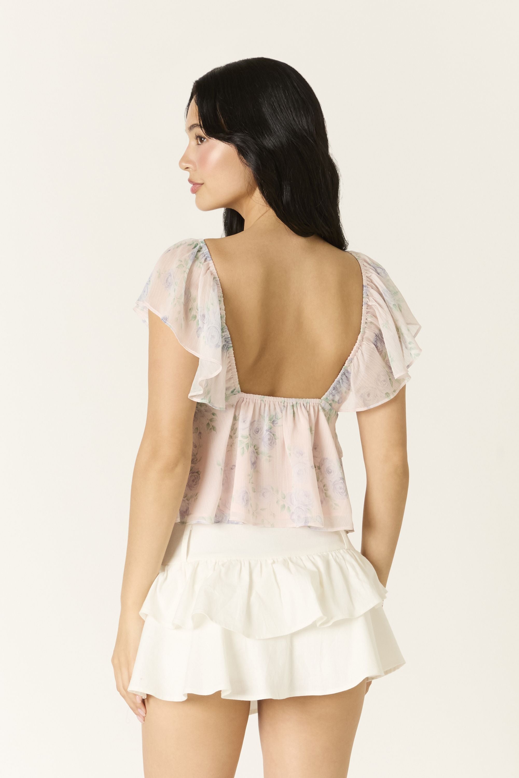 Rosalie Floral Chiffon Flutter Sleeve Babydoll Top