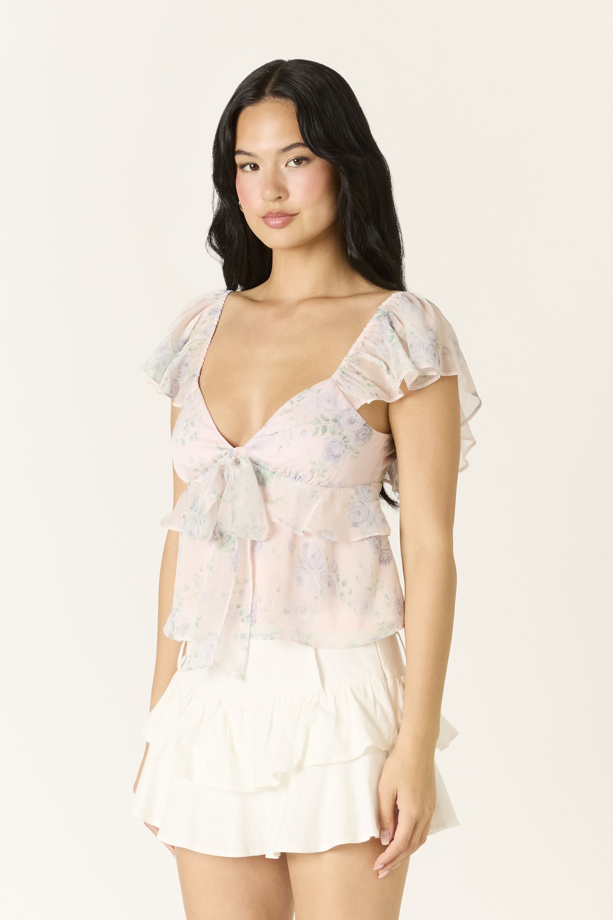 Rosalie Floral Chiffon Flutter Sleeve Babydoll Top