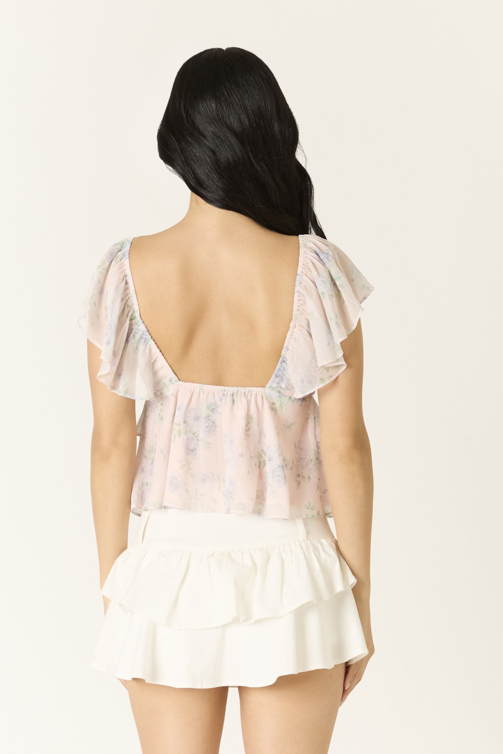 Rosalie Floral Chiffon Flutter Sleeve Babydoll Top