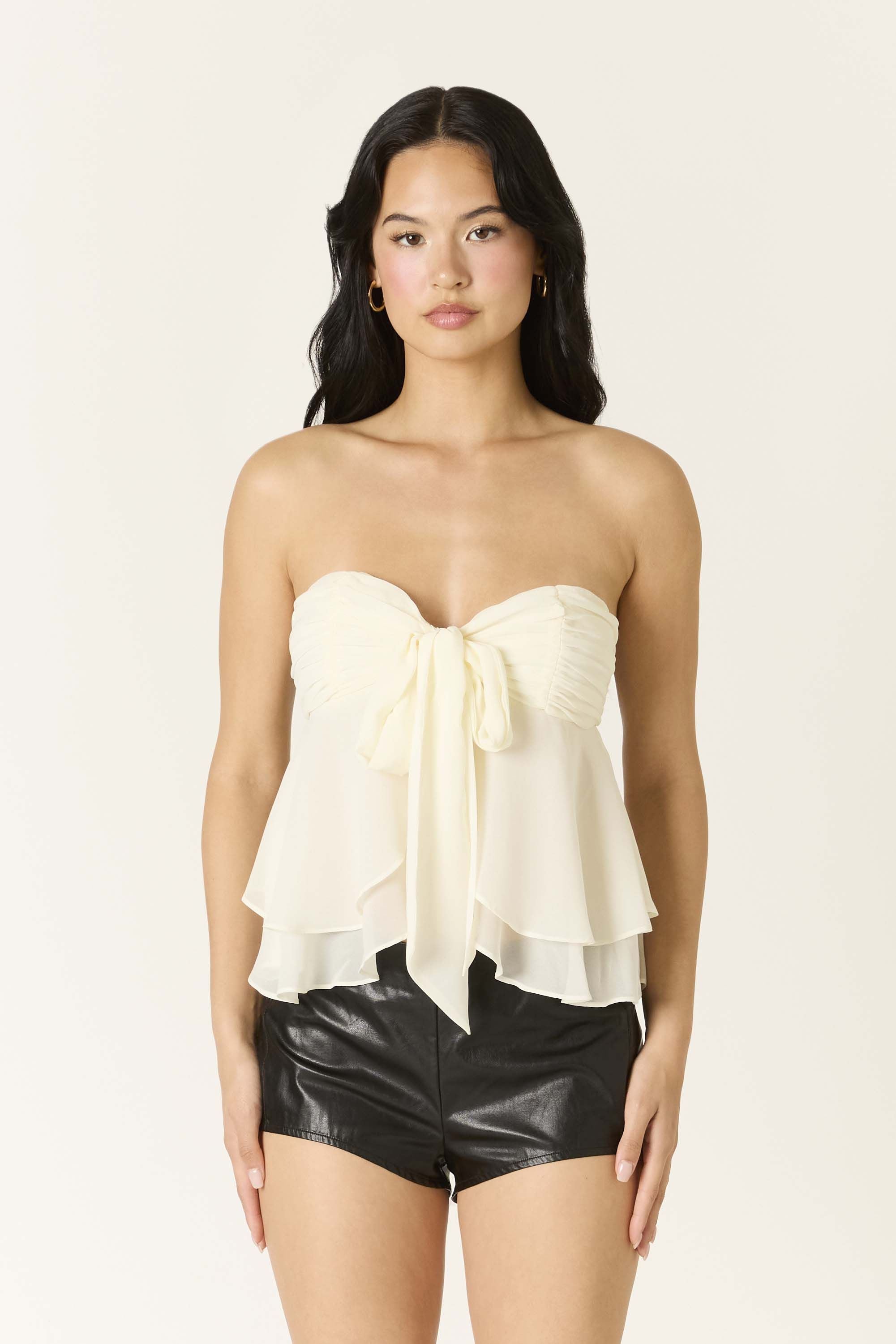 Paloma Chiffon Strapless Ruffle Babydoll Top in Ivory