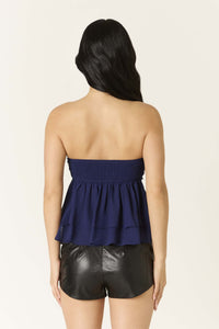 Paloma Chiffon Strapless Ruffle Babydoll Top in Navy