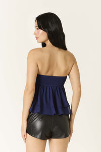 Paloma Chiffon Strapless Ruffle Babydoll Top in Navy