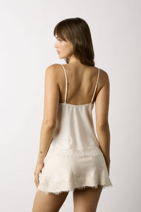 Noelle Satin Floral Lace Trim Bow Cami Top in Cream