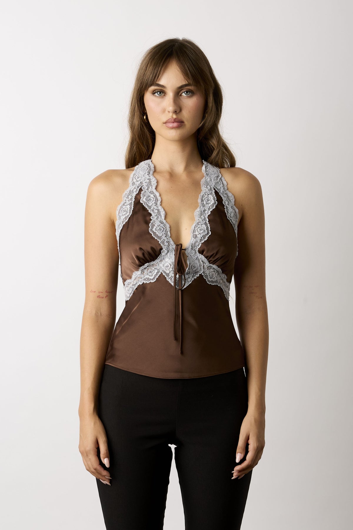 Ines Satin Lace Trim Halter Top in Chocolate