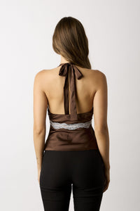 Ines Satin Lace Trim Halter Top in Chocolate
