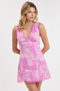 Margot Forest Print Lace Trim Open Back Mini Dress