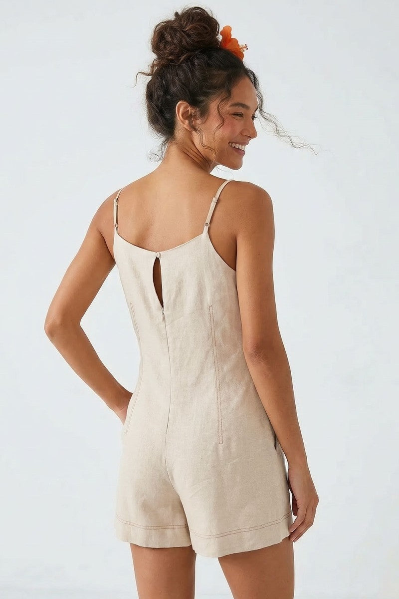 Linen Romper With Contrast Stitching