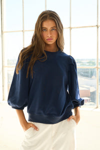 French Terry Puff Sleeve Sweatshirt in Navy