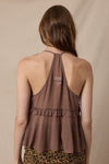 Sheer Solid Color Double Ties Lace Ruffle Top in Mocha