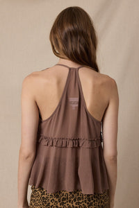 Sheer Solid Color Double Ties Lace Ruffle Top in Mocha