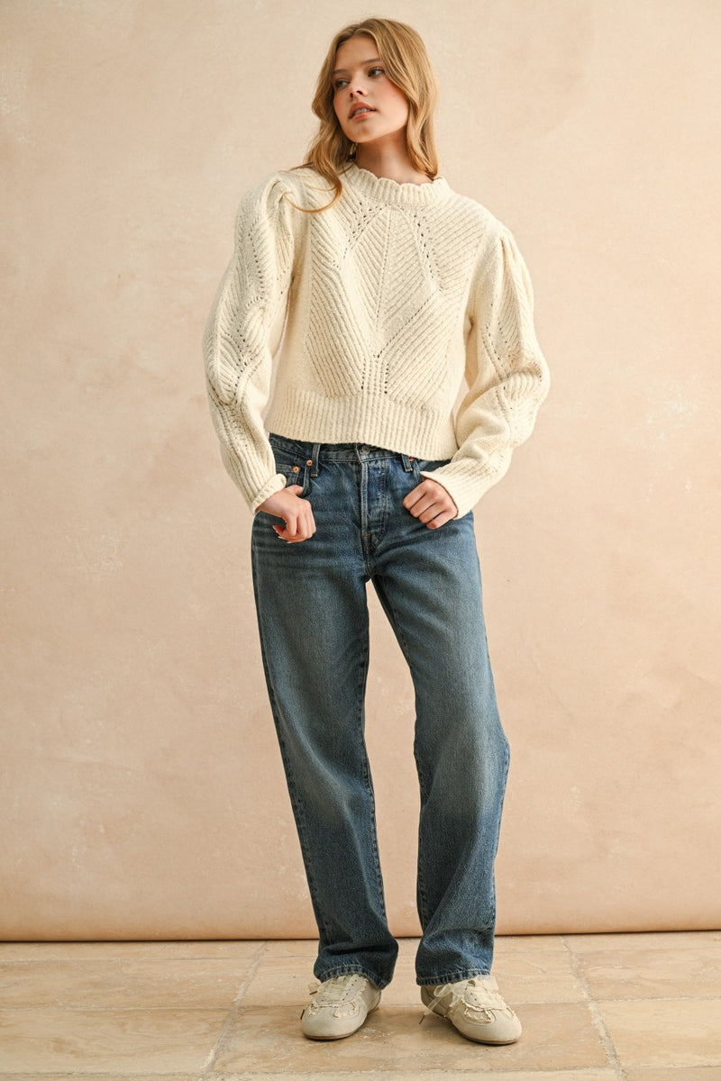 Tyler Scalloped Cream Puff Sleeve Sweater