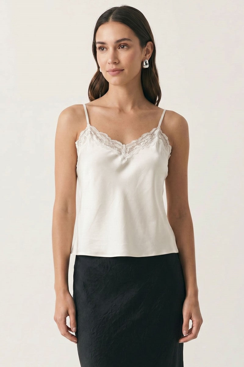Cleo Satin Lace Trim Cami in Beige — front view on model
