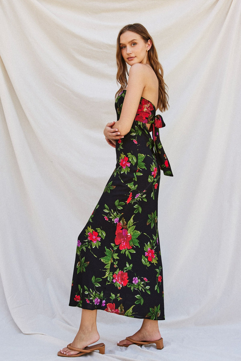 Midnight Garden Straplesss Tie Back maxi Dress