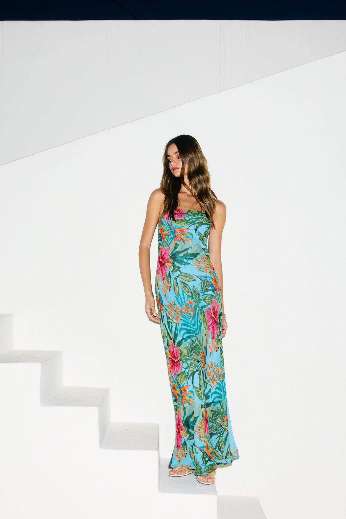 Seychelles Tropical Chiffon Strapless Maxi Dress