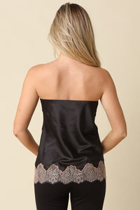 Onyx Satin Lace Trim Tube Top in Black — side view showing strapless silhouette and lace trim detail