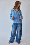 Washed Chunky Knit Lace Up Front Sweater in Blue