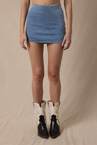 Slim Mini Skirt with Built in Shorts in Denim