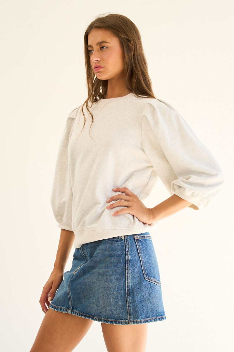 French Terry Puff Sleeve Sweatshirt in Heather Grey