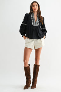 Black Embroidered Split Neck Top