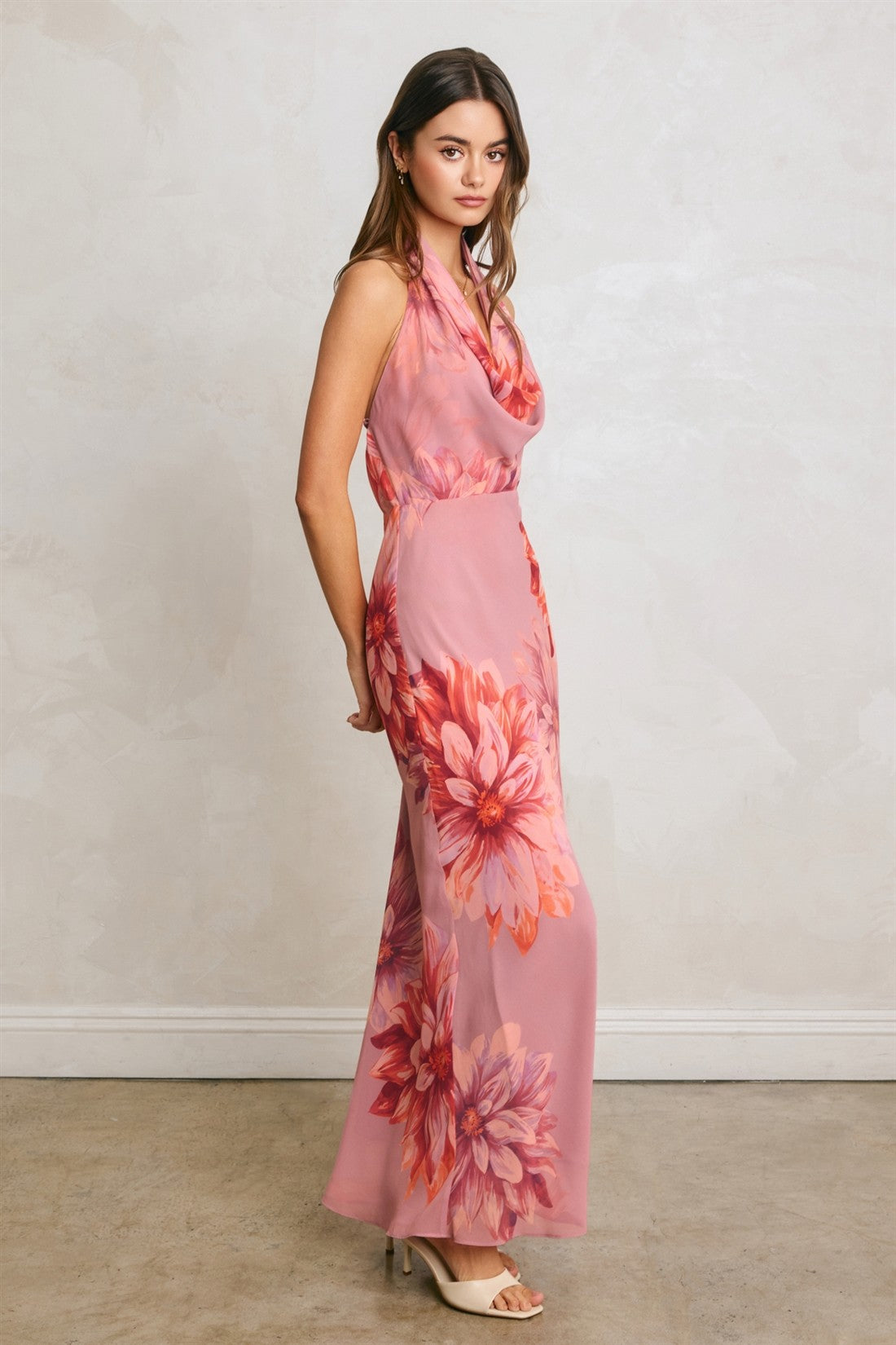Bella Fiore Floral Cowl Neck Halter Maxi Dress