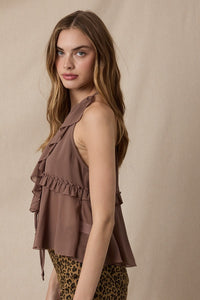 Sheer Solid Color Double Ties Lace Ruffle Top in Mocha